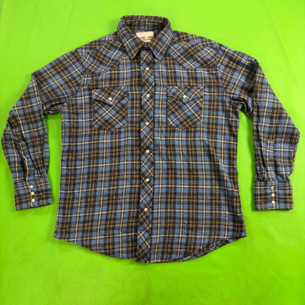 Vintage 90s Wrangler Wrancher Western Pearl Snap Flannel Shirt Mens L Blue Plaid
